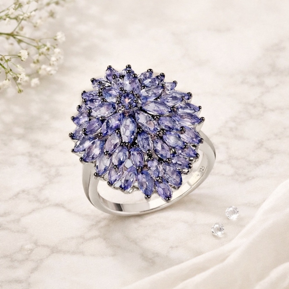 Tanzanite Floral Spray Ring 4.75 CTW Platinum Over Sterling Silver Statement Rin